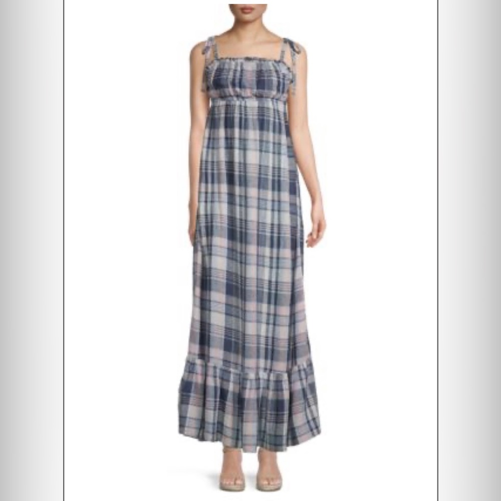 LOVE ADY PLAID TIE SHOULDER TIERED MAXI DRESS SIZE M COLOR NAVY MULTI NWT